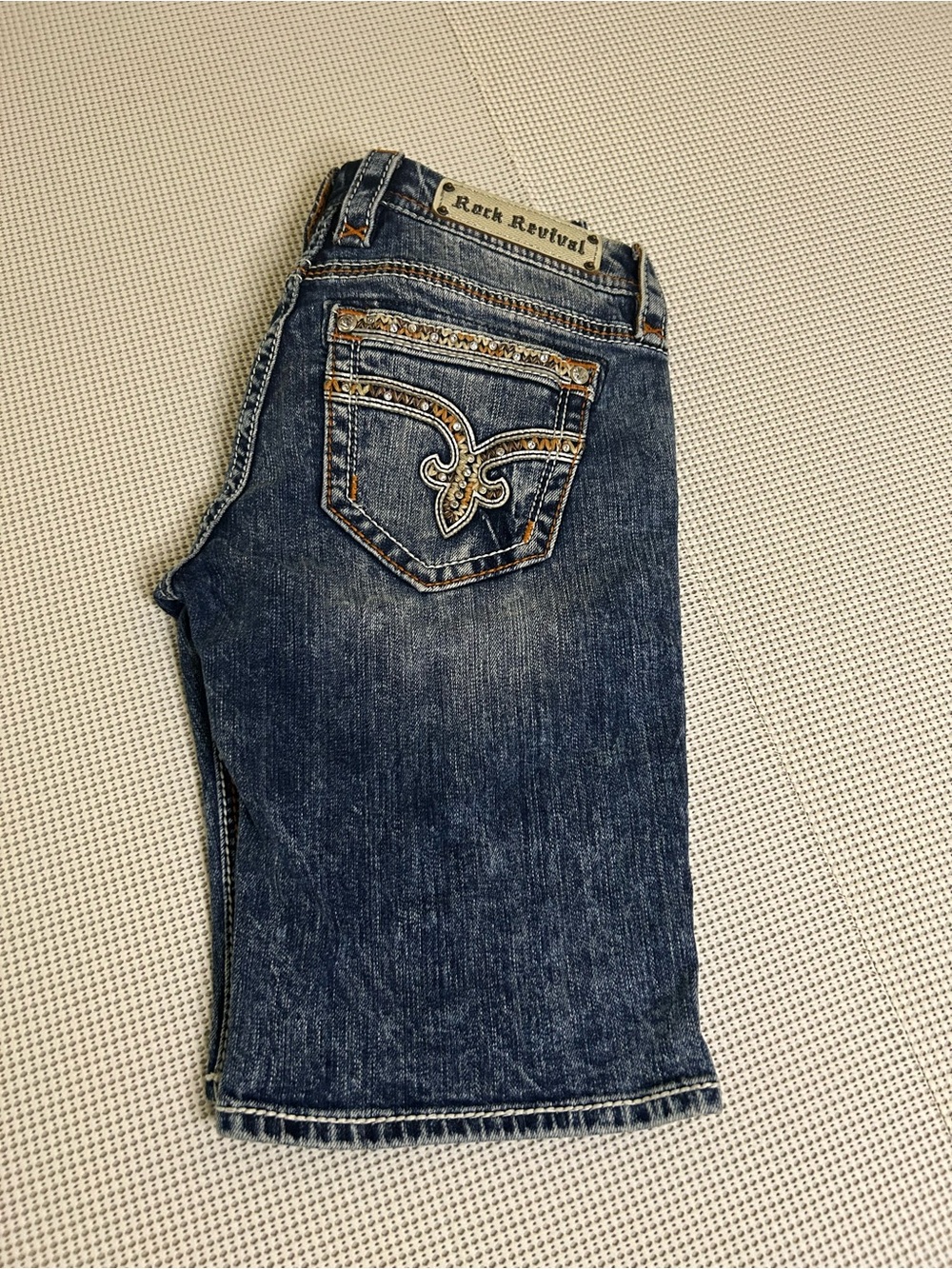 Rock Revival Blue Embroidered Back-Pocket Denim  short bermuda
